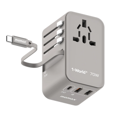 1-World+ 3-Port Travel GaN Charger With Built-in USB-C Cable 70W