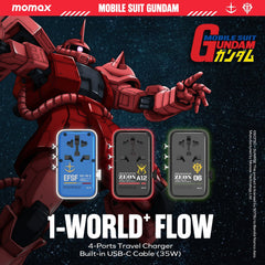 1-World+ Flow 4-Port Travel Charger With Built-In USB-C Cable 35W Gundam