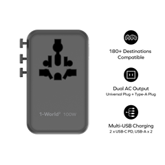 1-World²⁺ 4-Port Mini Universal Travel GaN Charger with Built-In Retractable Cable 100W with Dual AC