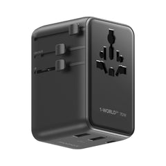 1-World 70W 3-Port Dual AC Travel Adapter with Built-In Retractable Cable