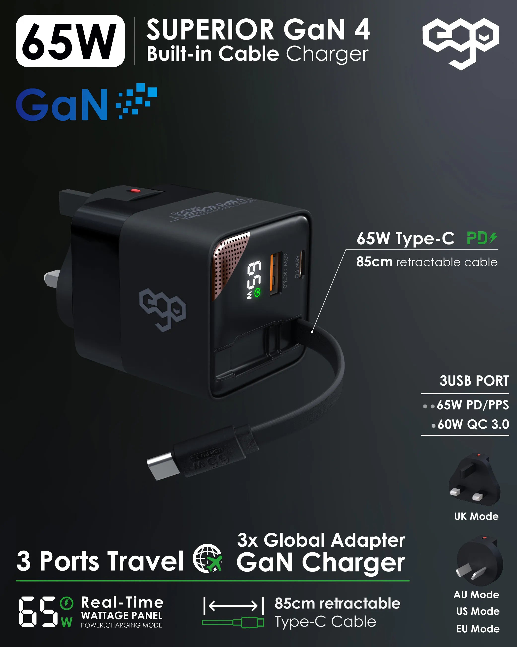 EGO 65W SUPERIOR 3 PORTS TRAVEL GAN CHARGER