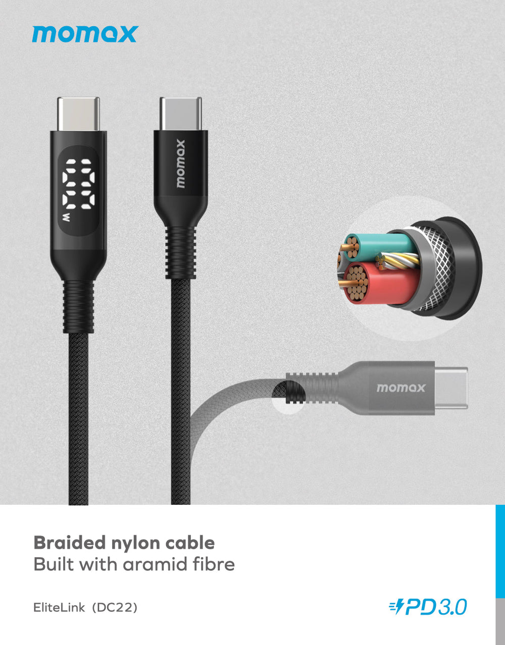 EliteLink USB-C to USB-C Braided LED Display Cable 100W 1.2m