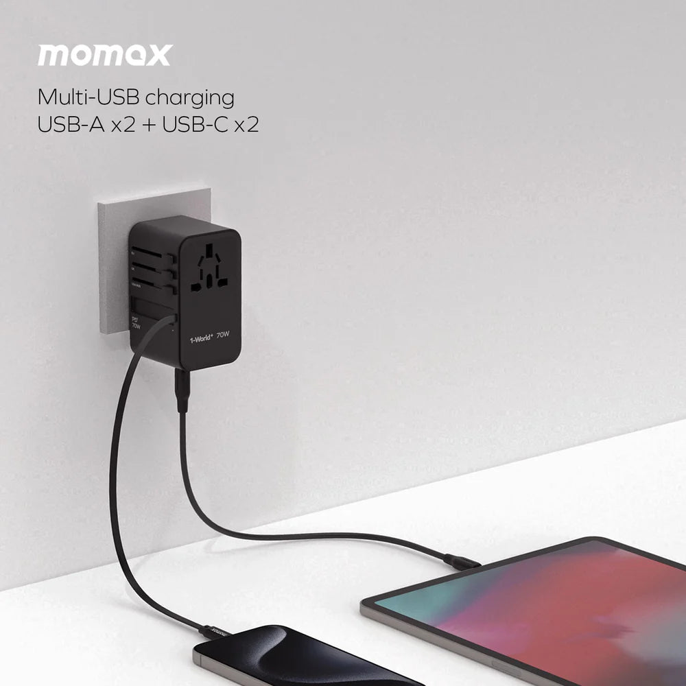 1-World+ 3-Port Travel GaN Charger With Built-in USB-C Cable 70W