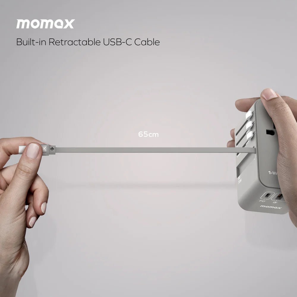 1-World+ 3-Port Travel GaN Charger With Built-in USB-C Cable 70W
