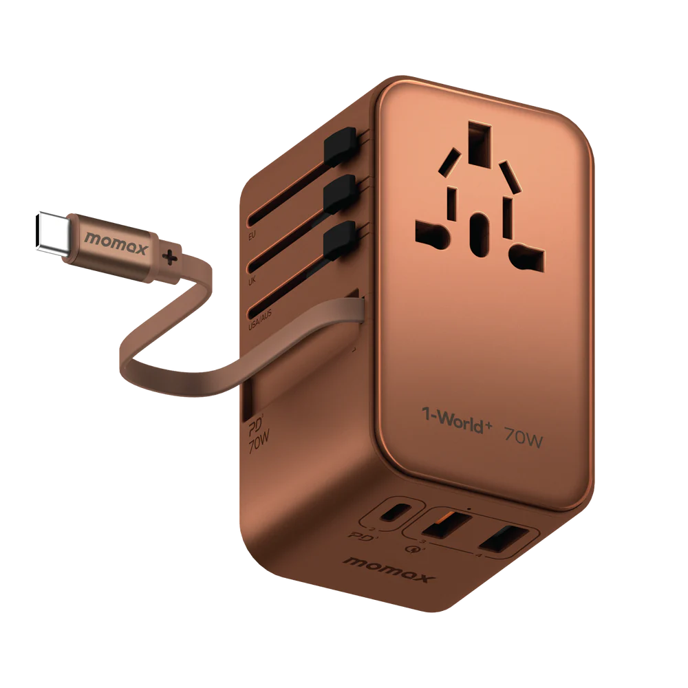 1-World+ 3-Port Travel GaN Charger With Built-in USB-C Cable 70W