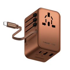 1-World+ 3-Port Travel GaN Charger With Built-in USB-C Cable 70W