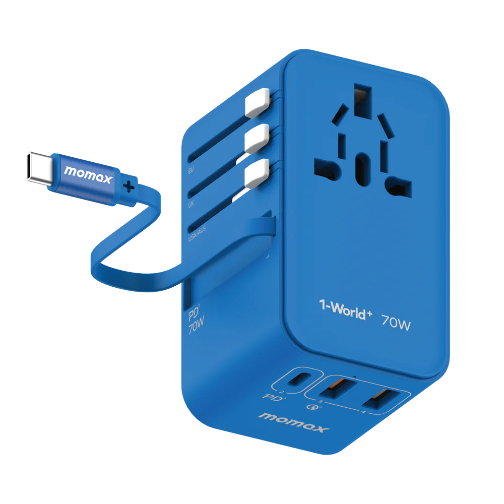1-World+ 3-Port Travel GaN Charger With Built-in USB-C Cable 70W