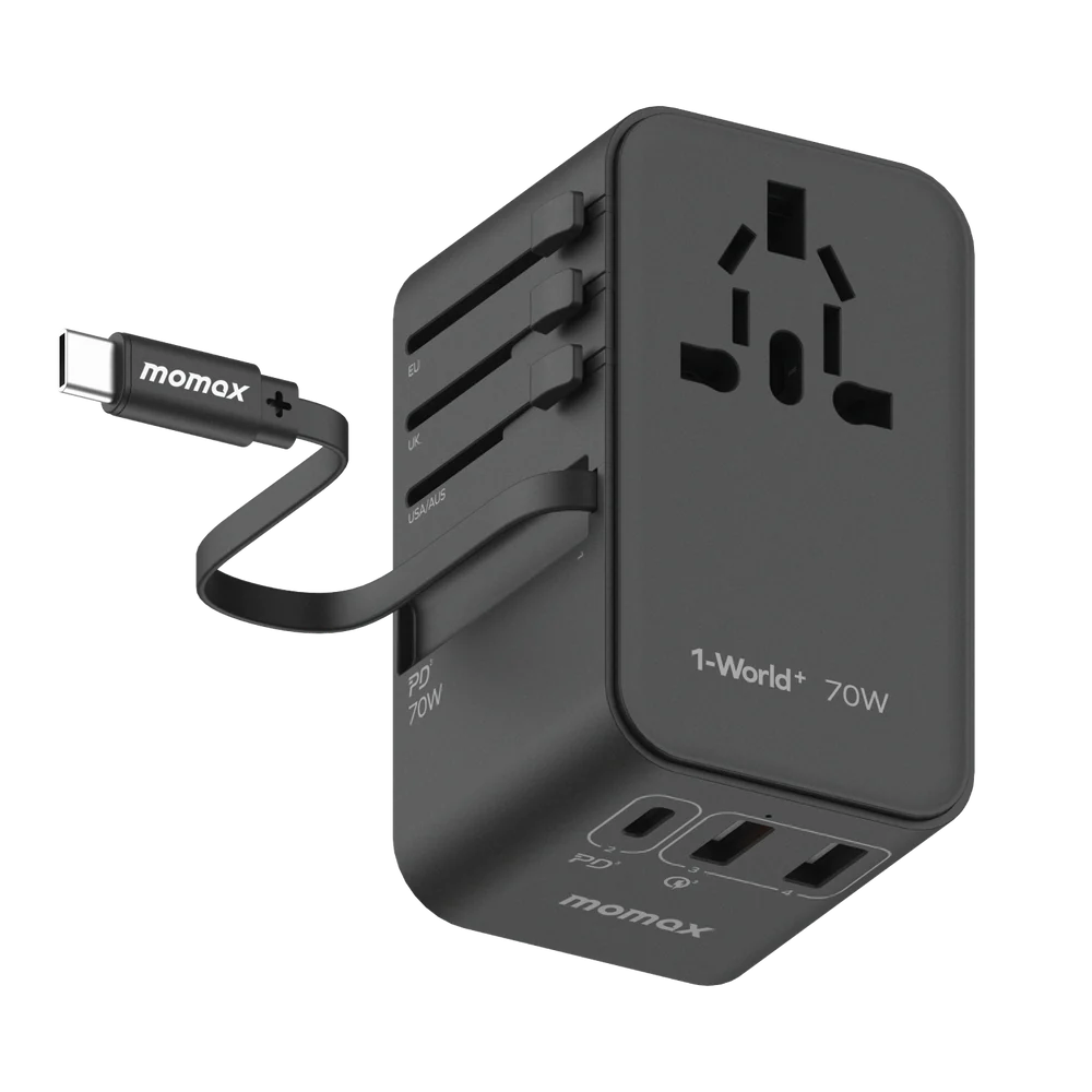1-World+ 3-Port Travel GaN Charger With Built-in USB-C Cable 70W