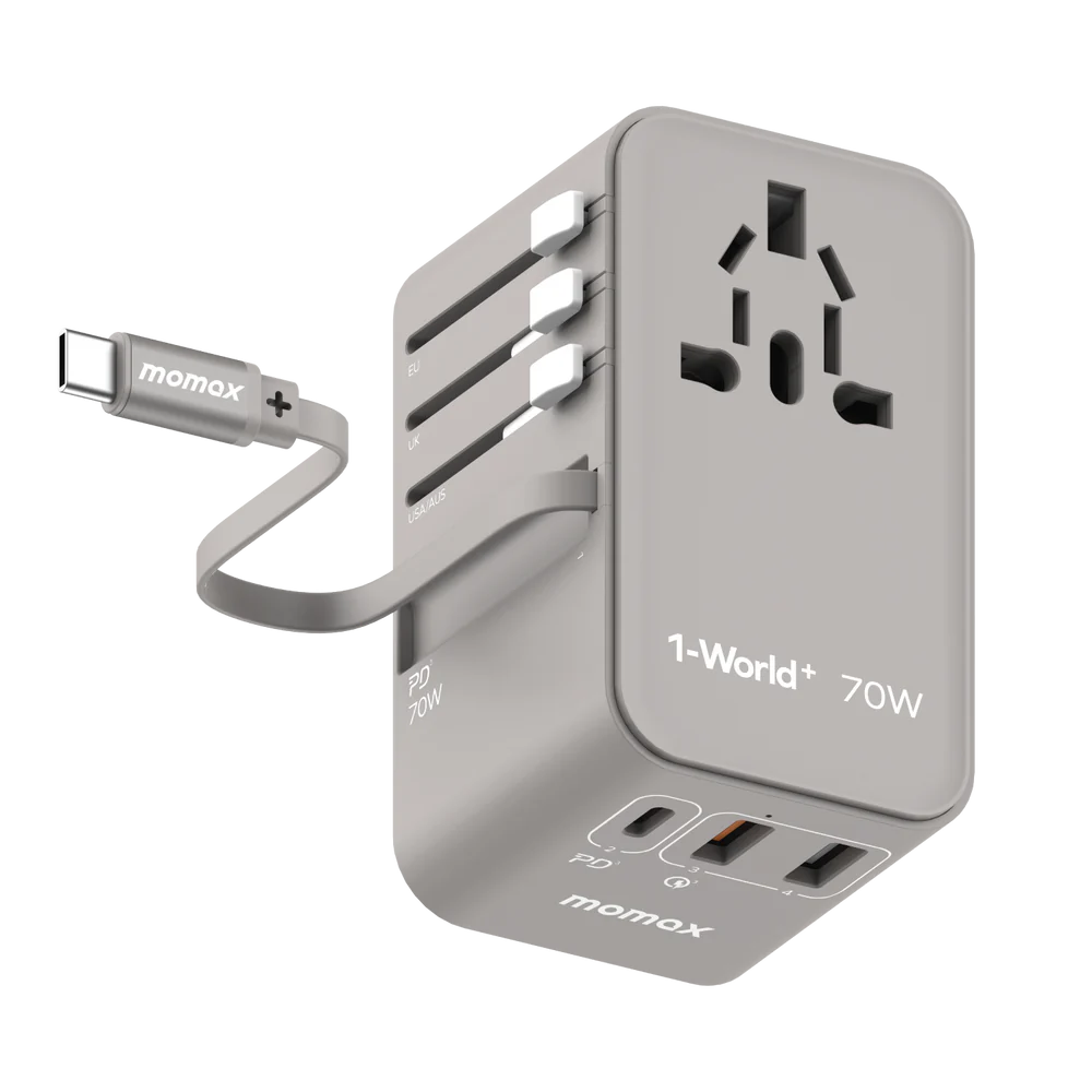 1-World+ 3-Port Travel GaN Charger With Built-in USB-C Cable 70W