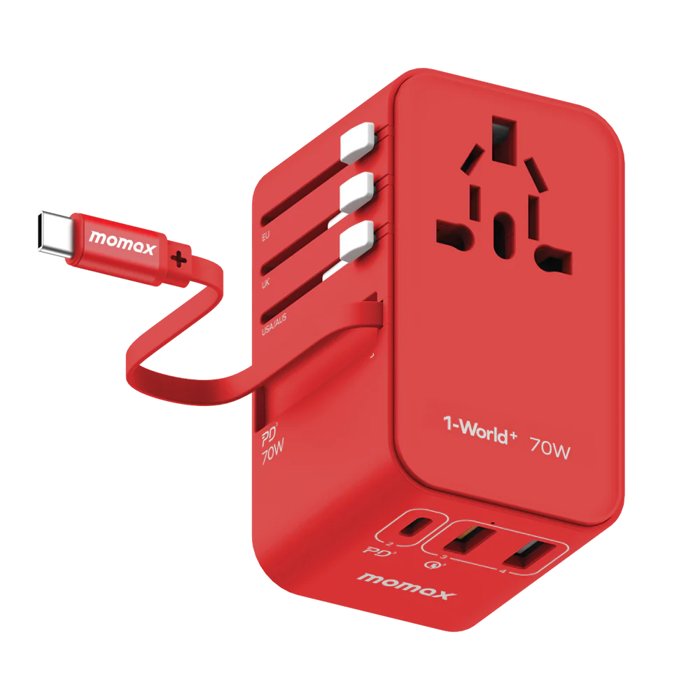 1-World+ 3-Port Travel GaN Charger With Built-in USB-C Cable 70W
