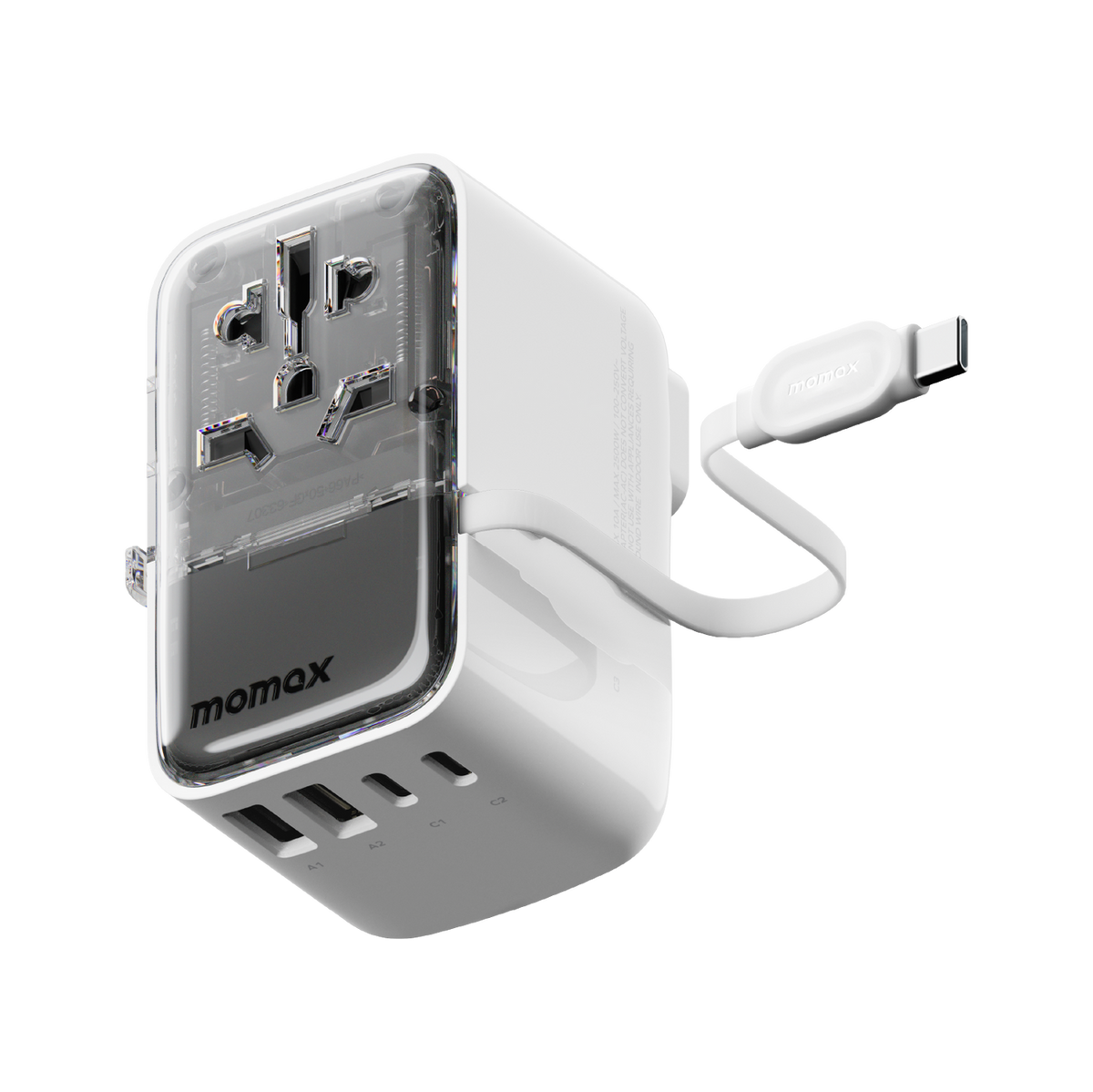 1-World+ Flow 4-Port Travel Charger With Built-In USB-C Cable 35W