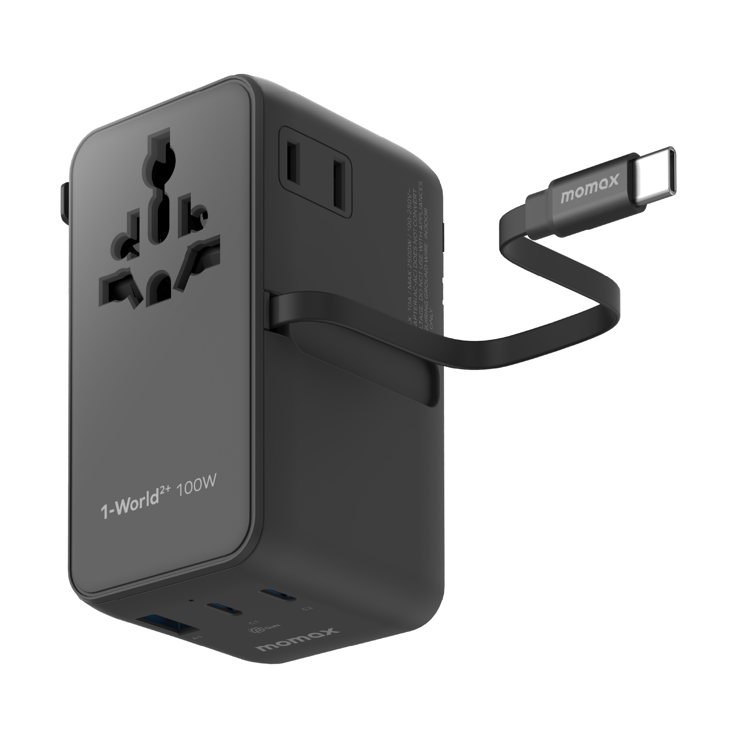 1-World²⁺ 4-Port Mini Universal Travel GaN Charger with Built-In Retractable Cable 100W with Dual AC
