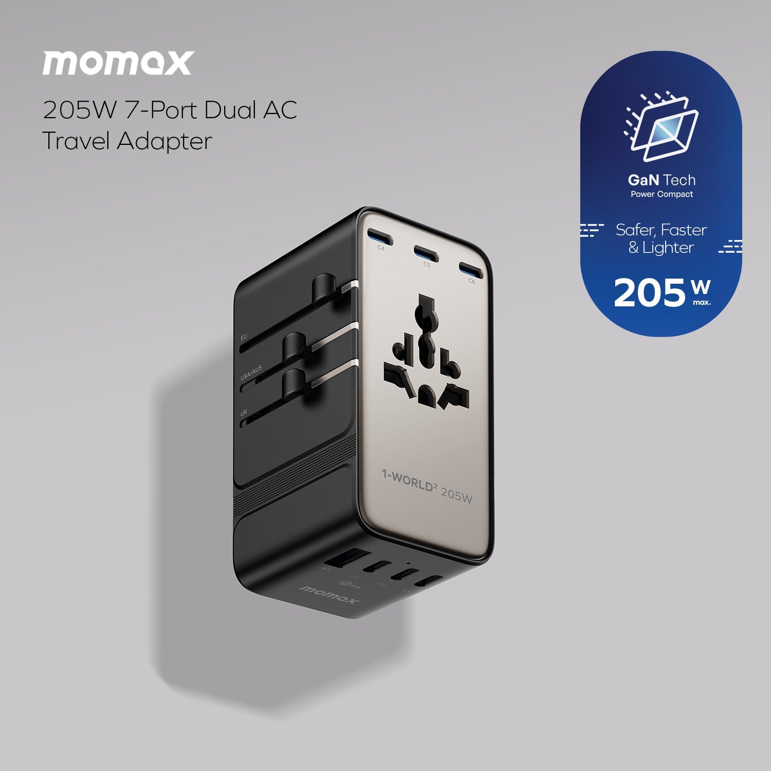 1-World² 205W 7-Port Dual AC Travel Adapter
