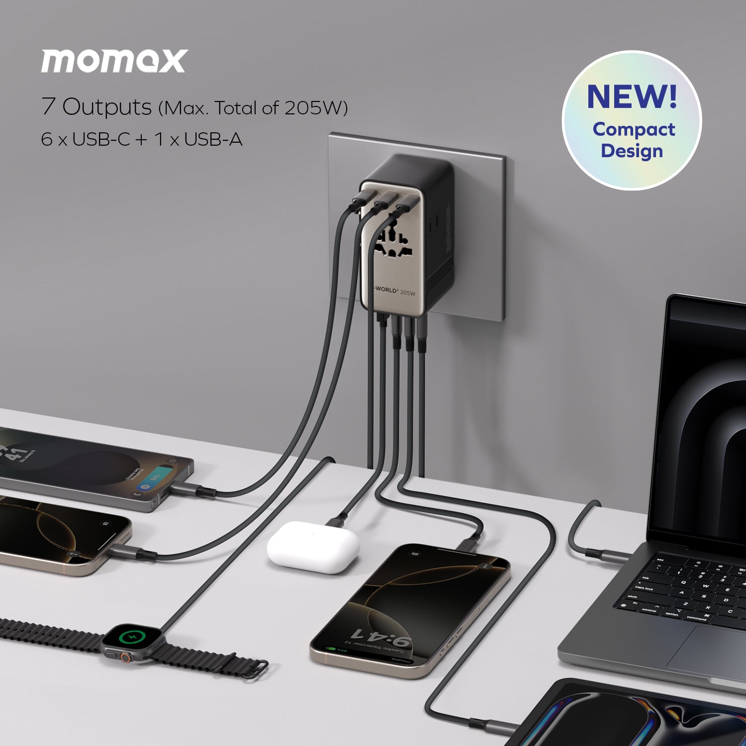 1-World² 205W 7-Port Dual AC Travel Adapter